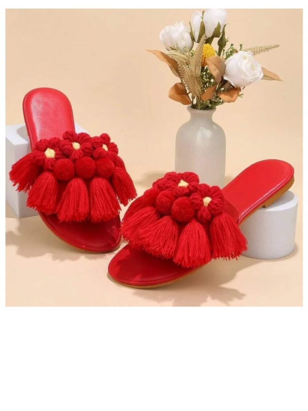 NEW RED SLIDE SANDAL TASSEL POM POM FAUX SUEDE SLIP ON BOHEMIAN SZ-8